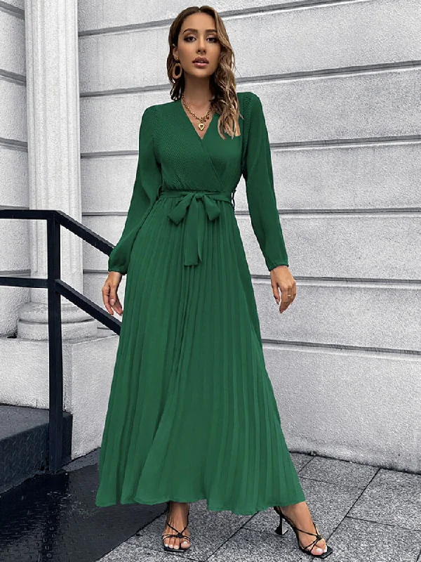 Long Sleeves Belted Pleated Maxi Dresses Fashionable Sleeveless Maxi Dress