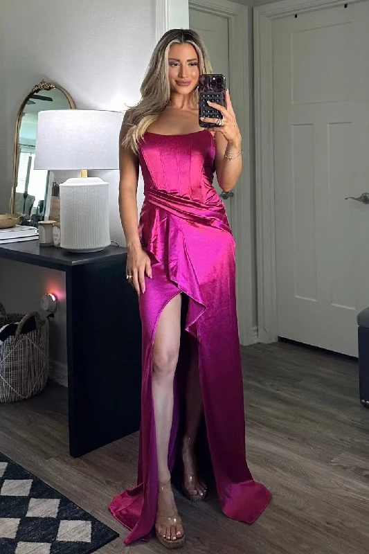 Lover Satin Ruffle Maxi Dress: Magenta Trendy Off-Shoulder Ruffle Maxi Dress