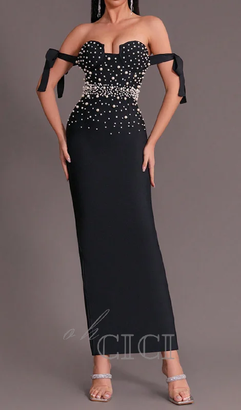 PEARL EMBELLISHED BACKLESS BODYCON MAXI DRESS Cozy Maxi Dress with Slit