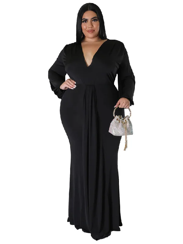 Plus Size Long Sleeve V Neck Bodycon Maxi Dresses Classic Strapless Maxi Dress