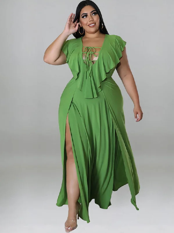 Plus Size Sleeveless Ruffle Hem Maxi Dresses Trendy Maxi Dress with Lace