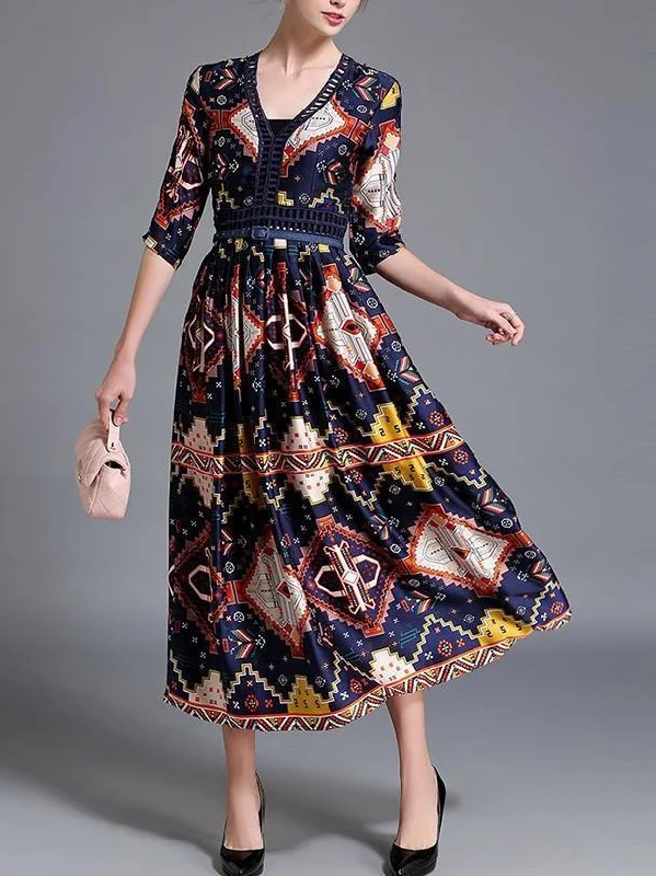 Pretty Bohemia Printed Half Sleeve V Neck Maxi Dress Trendy Printed Maxi Dress