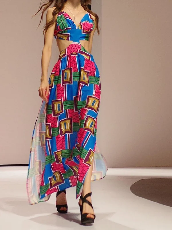 Print Spaghetti Strap Backless Split Maxi Dress Fashionable Open-Back Maxi Dress