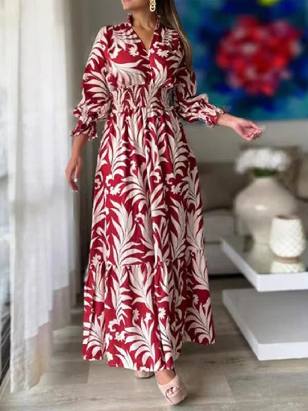 Blue Zone Planet |  Printed Flounce Sleeve Maxi Dress Elegant Maxi Dress with Slit