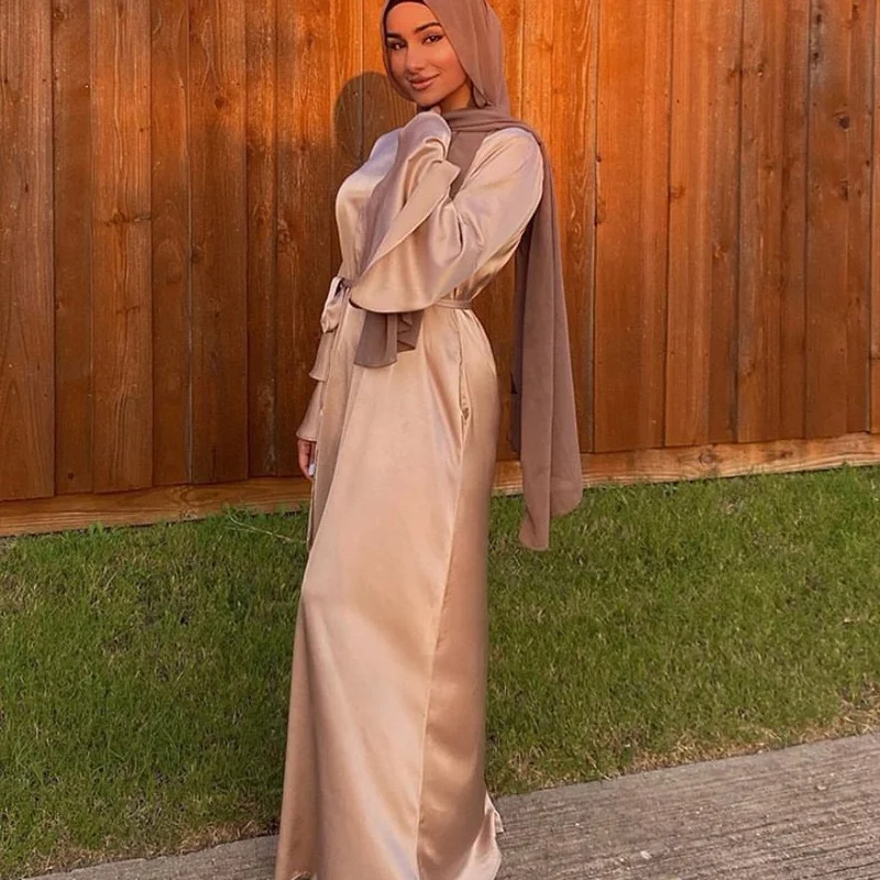 Ramadan Muslim Abayas Satin Maxi Dress Women Solid Color Hijab Dress Turkey Female Eid Abaya Dubai Islam Caftans Robe Kaftan Comfortable Maxi Dress with Slits