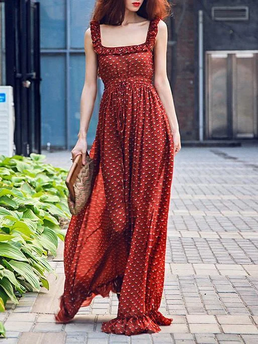 Retro Chiffon Printed Spaghetti-neck Backless Floor Maxi Dress Fashionable High-Waist Maxi Dress