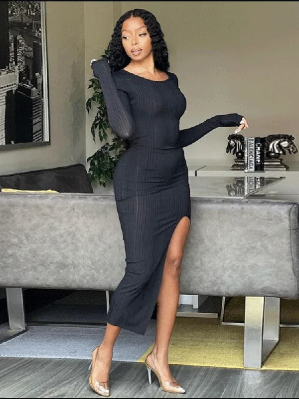 Ribbed Long Sleeve Side Split Bodycon Maxi Dresses Elegant Lace-Up Maxi Dress