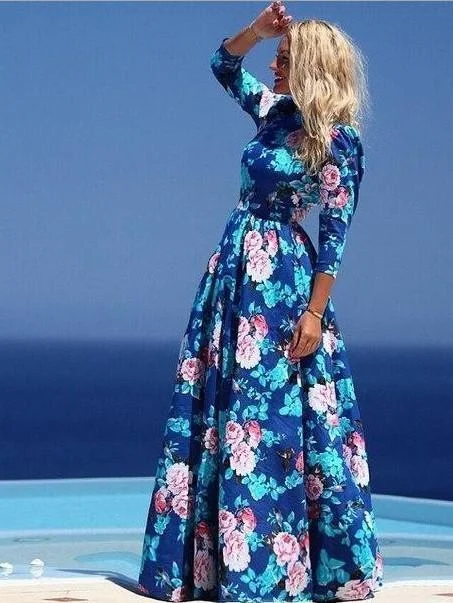 Romantic Blue Flower 3/4 Sleeve Boat Neck Maxi Dress Trendy Maxi Dress with Bow