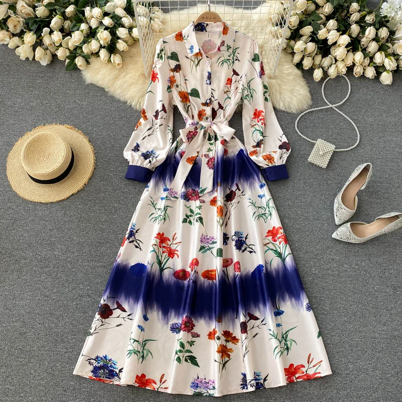 Runway Boho Long Maxi Dress 2022 Spring Vintage Floral Print Shirt Collar Latern Sleeve Bow Sashes Dress Woman Clothing M67467 Chic Sleeveless Maxi Dress