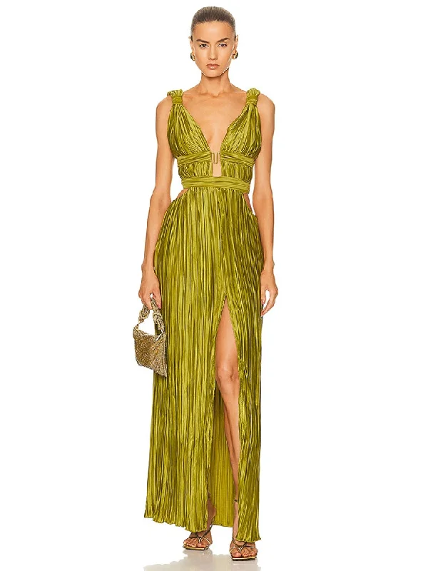 Sexy Sleeveless V Neck Hollowe Out Long Dress Women Green Straps Backless High Waist Pleated Split Maxi Dress Party Evening Dres Elegant Tiered Maxi Dress