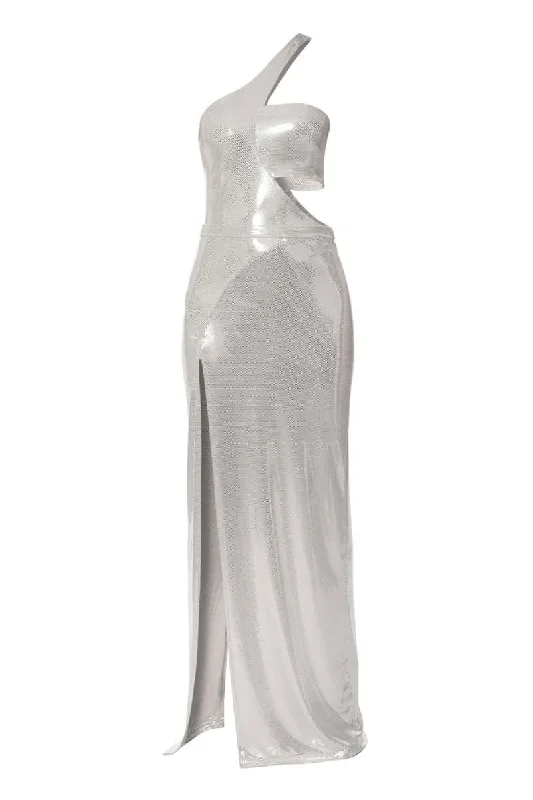 SHEYLA SILVER GLOW MAXI DRESS Trendy Button Front Maxi Dress