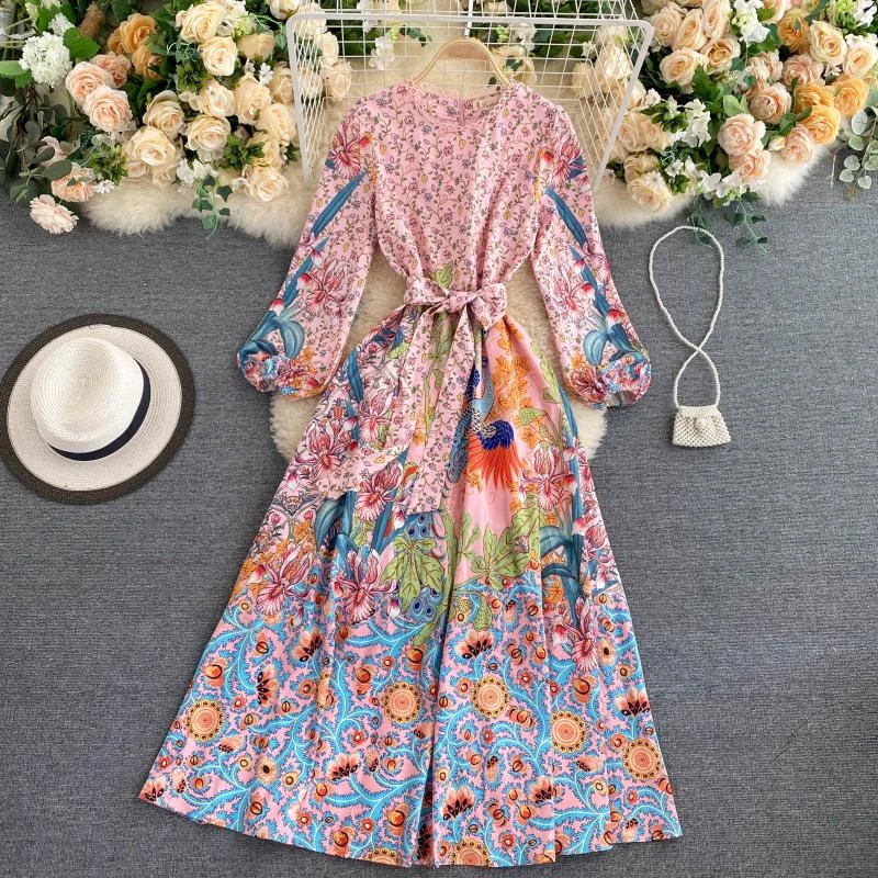 SINGRAIN Chic Retro Print Maxi Dress Women French Puff Sleeve Lace up A-line Dress Autumn Elegant Streetwear Long Robe Classic V-Neck Maxi Dress