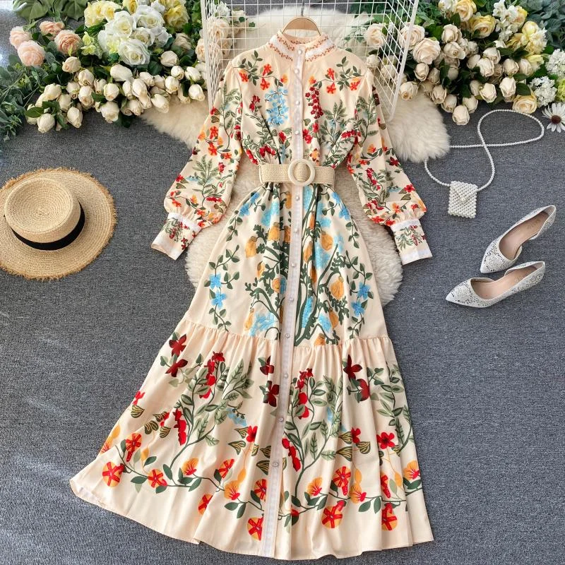 SINGRAIN Women Vintage Print Dress Autumn Stand Collar Button Puff Sleeve Long Robe Chic Flower Streetwear Maxi Dresses Comfortable Bohemian Maxi Dress