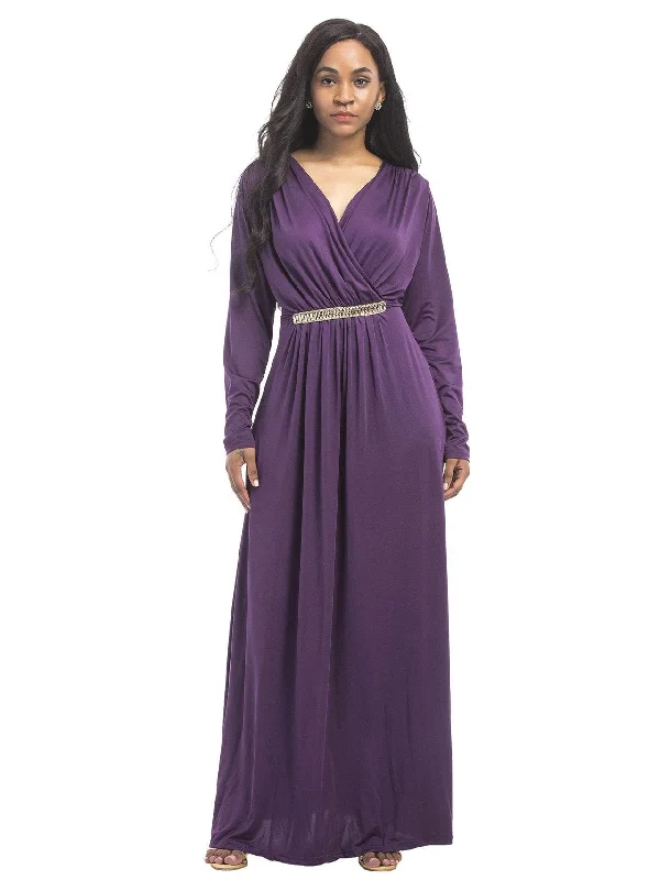 Solid Color V-neck Maxi Dress Stylish A-Line Maxi Dress