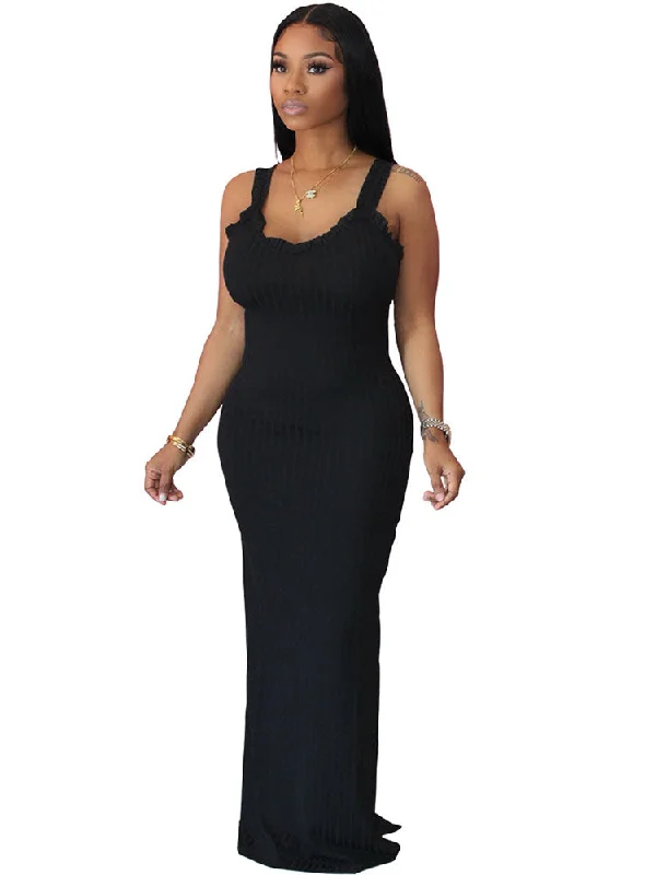 Spaghetti Strap Bodycon Ribbed Knit Maxi Dresses Chic Sleeveless Maxi Dress