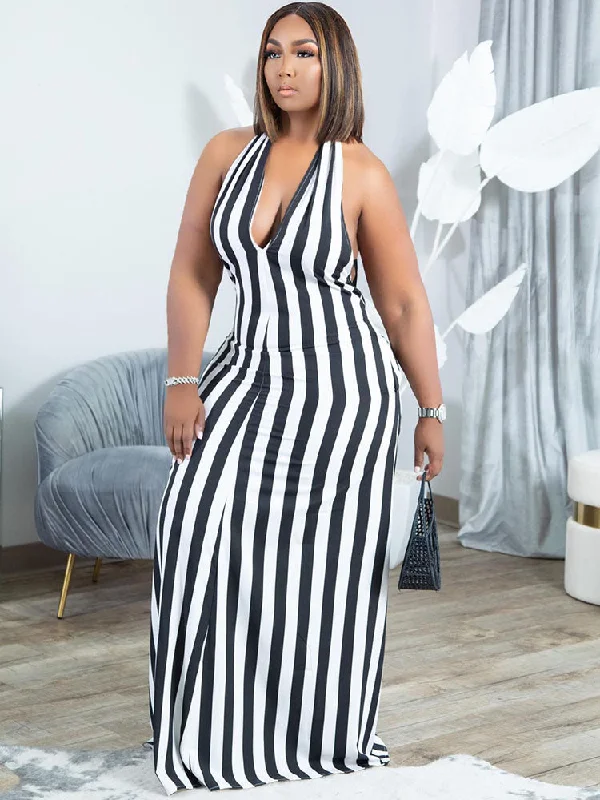 Striped Halter Sleeveless Backless Maxi Dresses Cozy Wrap Maxi Dress