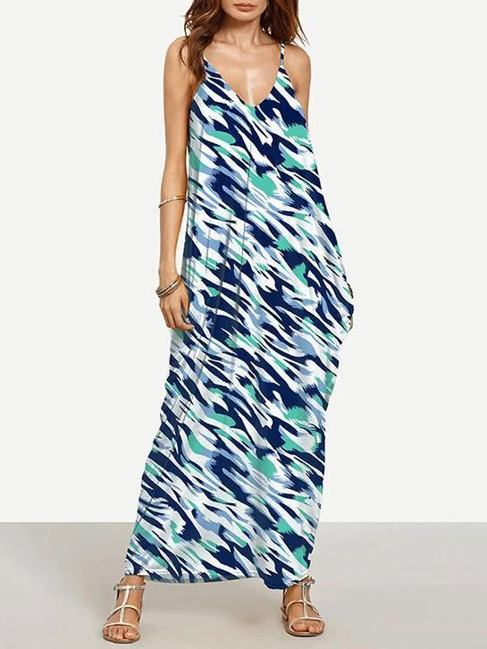 Unique Bohemia Spaghetti Straps V Neck Maxi Dress Elegant Maxi Dress with Pockets