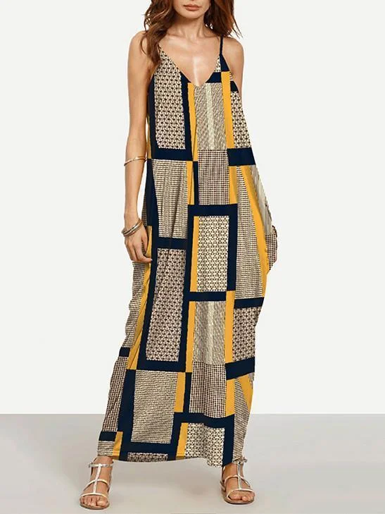 Unique Yellow Plaid Spaghetti Straps V Neck Maxi Dress Trendy Floral Print Maxi Dress