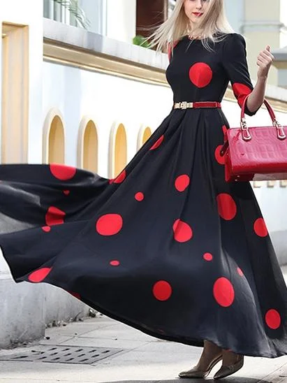 Vintage Polka Slim Big Hem Long Sleeve Maxi Dress Trendy Ruffled Maxi Dress