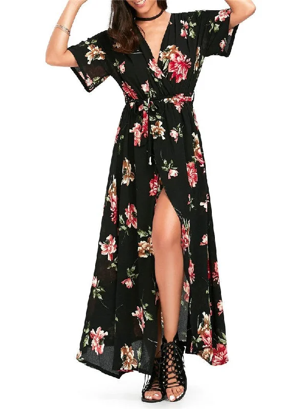 Vintage Printed Deep V-neck Waisted Bohemia Maxi Dress Stylish Boho Chic Maxi Dress