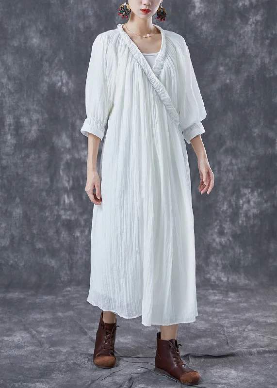 White Cotton Maxi Dresses Tie Waist Wrinkled Summer Comfortable Flowy Maxi Dress