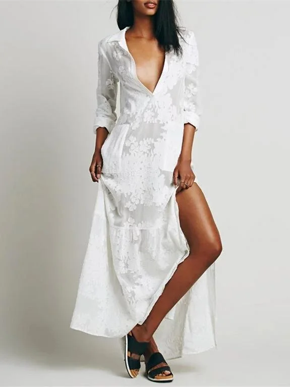 White Split-side Lapel Collar Maxi Dress Trendy Button Front Maxi Dress