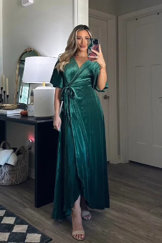 Winter Wonders Velvet Wrap Maxi Dress: Emerald Comfortable Ruffle Hem Maxi Dress