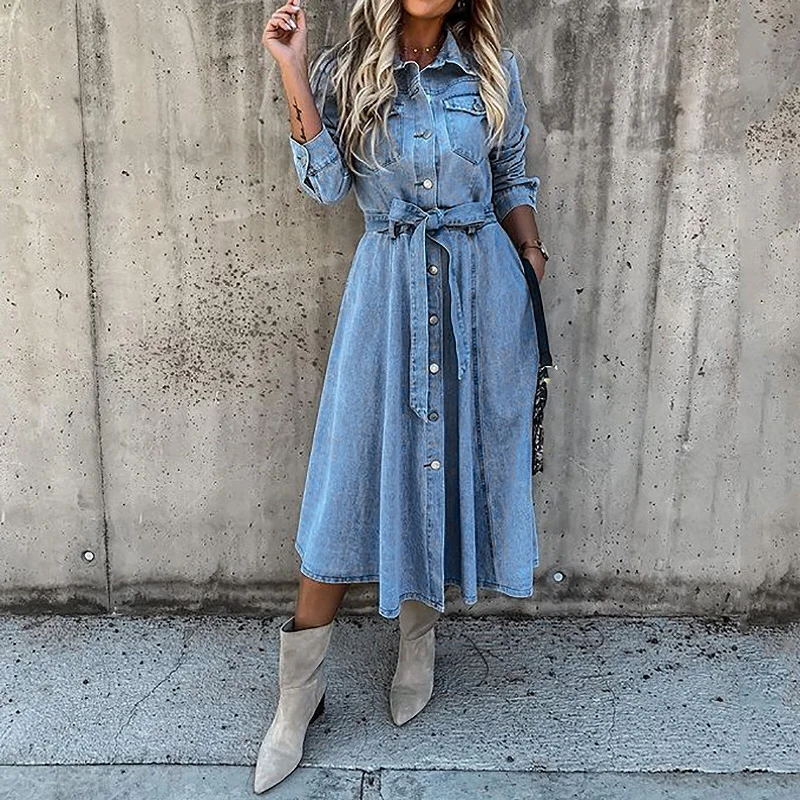 Women'S 2022 Denim Maxi Dress Turn-down Collar Belt Pure Color Button Summer Slim Pleated Long Sleeve Dresses Female Trendy Fit-and-Flare Maxi Dress