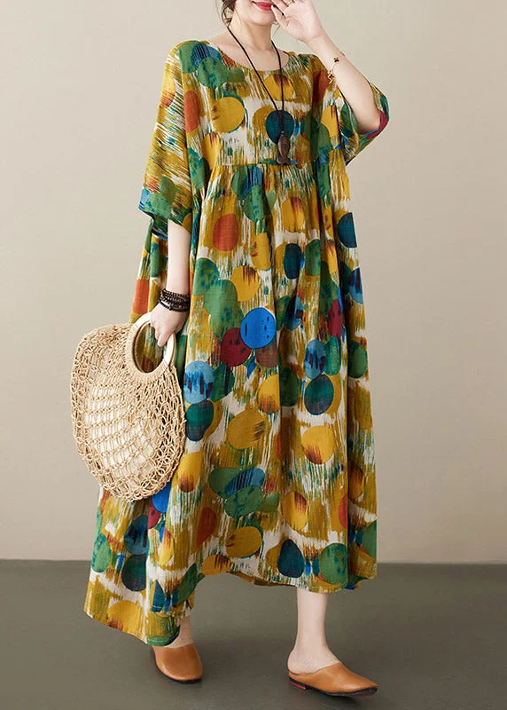 Yellow Patchwork Wrinkled Vacation Maxi Dresses Half Sleeve Elegant Velvet Maxi Dress