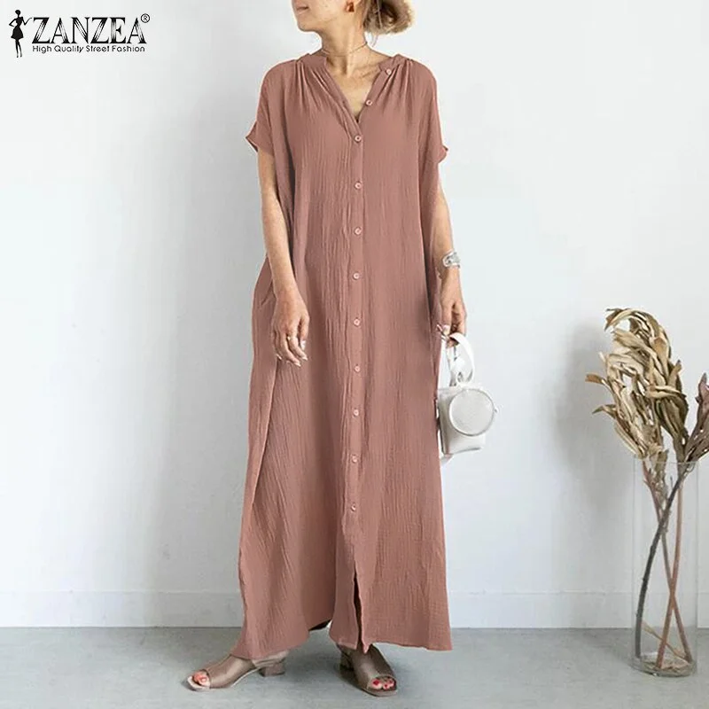 ZANZEA Female Elegant Kaftan Chic Vestidos Short Sleeve Oversize VNeck Shirt Leisure Sundress Maxi Dress Solid Summer Robe Femme Fashionable Sleeveless Maxi Dress