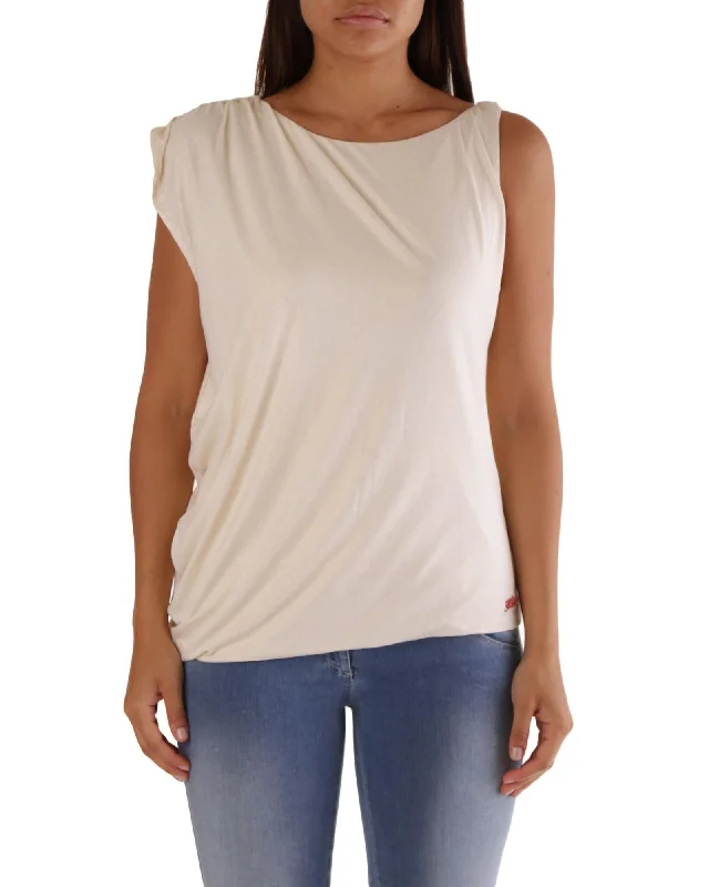 Met Women's White Sleeveless Loose Fit T-Shirt Front Pockets Side Pockets Patch Pockets