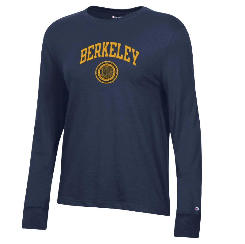 U.C. Berkeley arch & seal women's Champion long sleeve T-Shirt-Navy Houndstooth Herringbone Solid