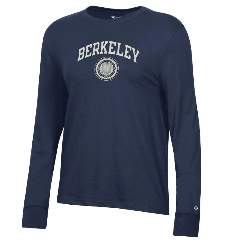 U.C. Berkeley arch & seal women's Champion long sleeve T-Shirt-Navy Houndstooth Herringbone Solid