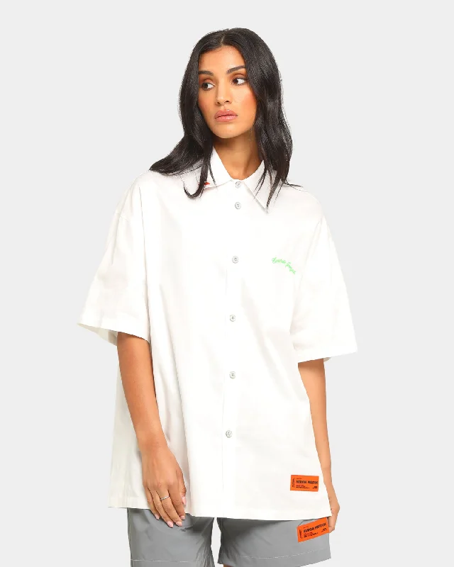 Heron Preston Boxy Fit Short Sleeve Button Up Shirt White Mesh Fabric Canvas Fabric Denim Fabric