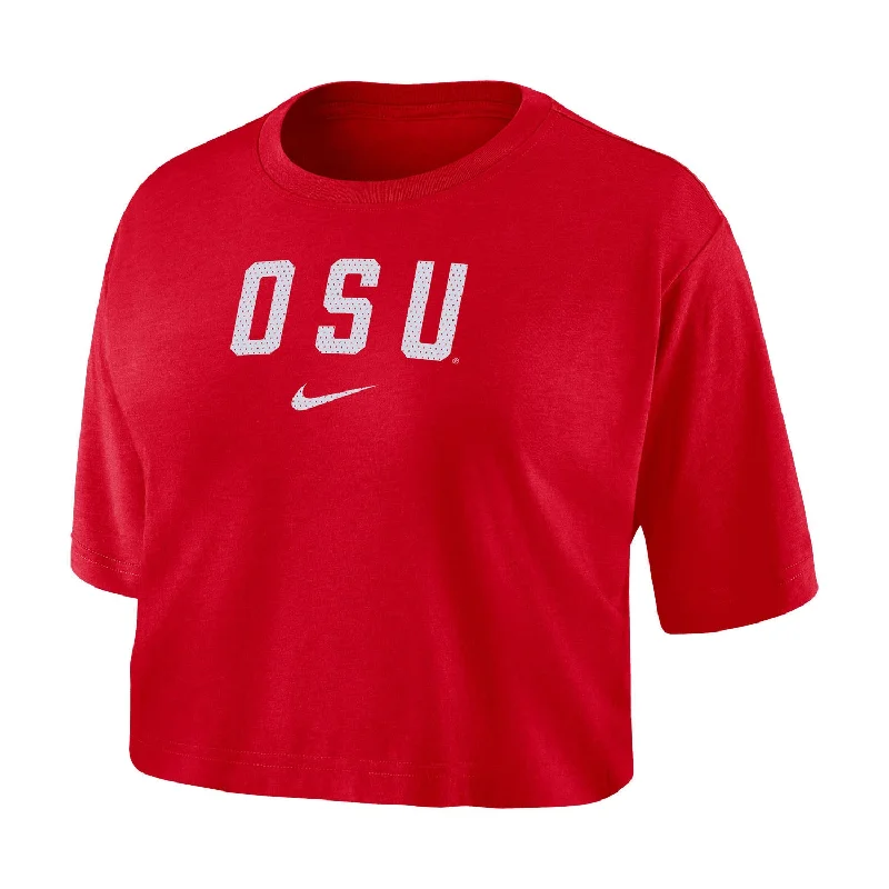 Ladies Ohio State Buckeyes Nike Dri-FIT Logo Scarlet Crop T-Shirt Seamless Knitted Crochet