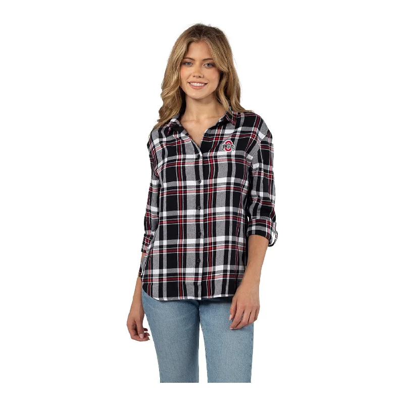 Ladies Ohio State Buckeyes Boyfriend Black and Scarlett Plaid Long Sleeve T-Shirt Ribbed Striped Patterned