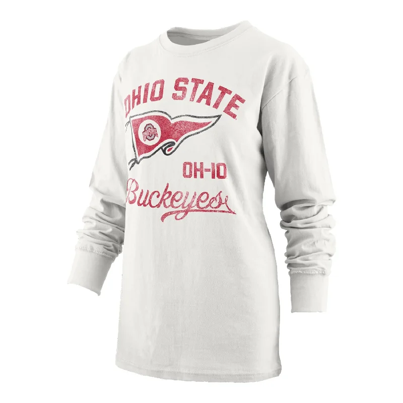 Ladies Ohio State Buckeyes Pine Top Old Standard White Long Sleeve T-Shirt Denim Fabric Leather Fabric Suede Fabric