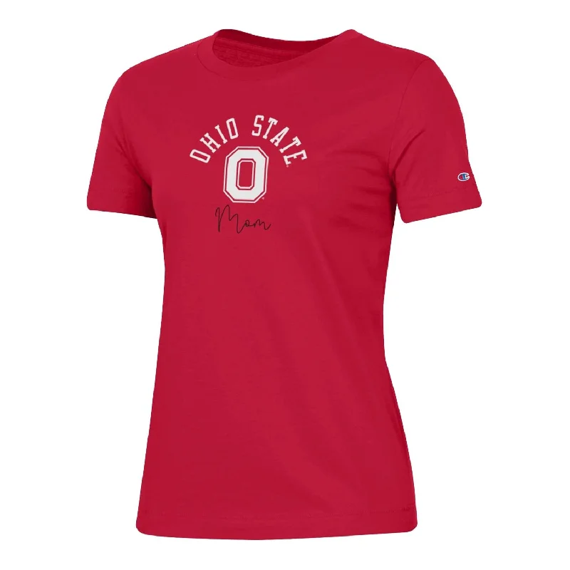 Ladies Ohio State Buckeyes Champion Mom Scarlet T-Shirt Mesh Blend Leather Blend Suede Blend