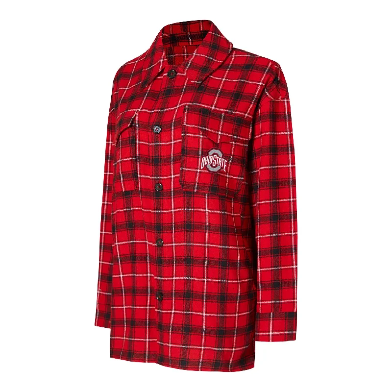 Ladies Ohio State Buckeyes Boyfriend Nightshirt Scarlet & Gray Long Sleeve Flannel Cashmere Blend Cotton Blend Poly Blend