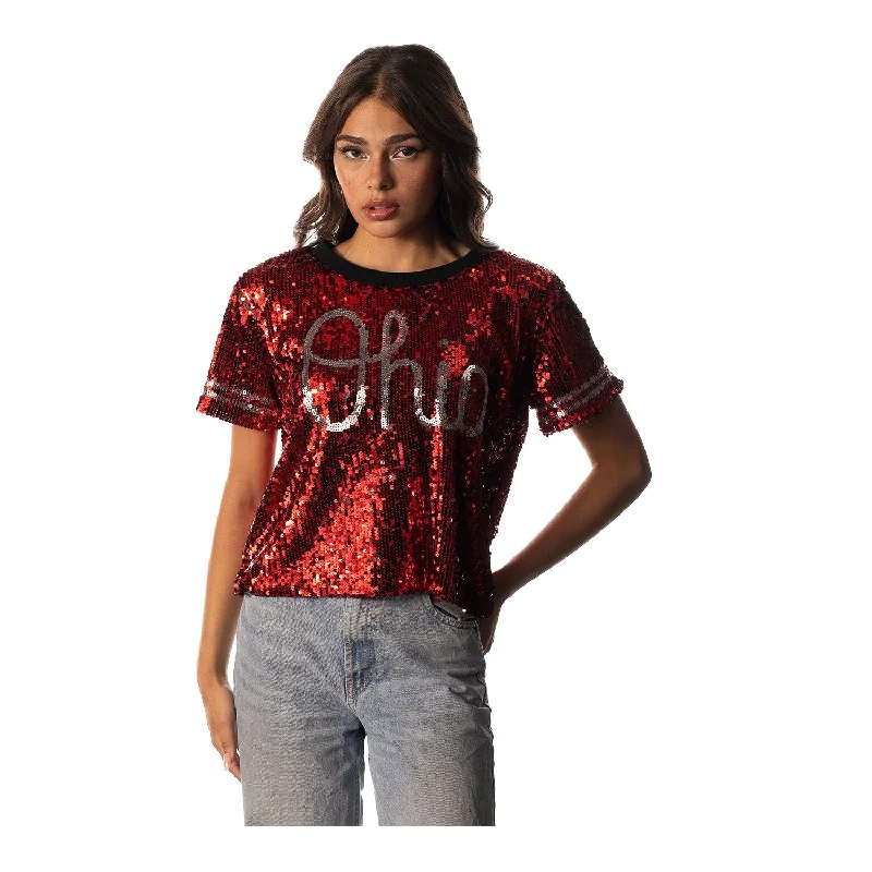 Ladies Cropped Sequin Scarlet T-Shirt Mesh Blend Leather Blend Suede Blend