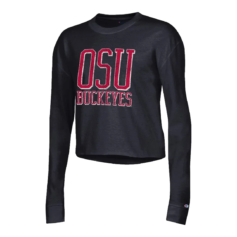 Ladies Ohio State Buckeyes Boyfriend Crop Black Long Sleeve T-Shirt Real Fur Shearling Chenille