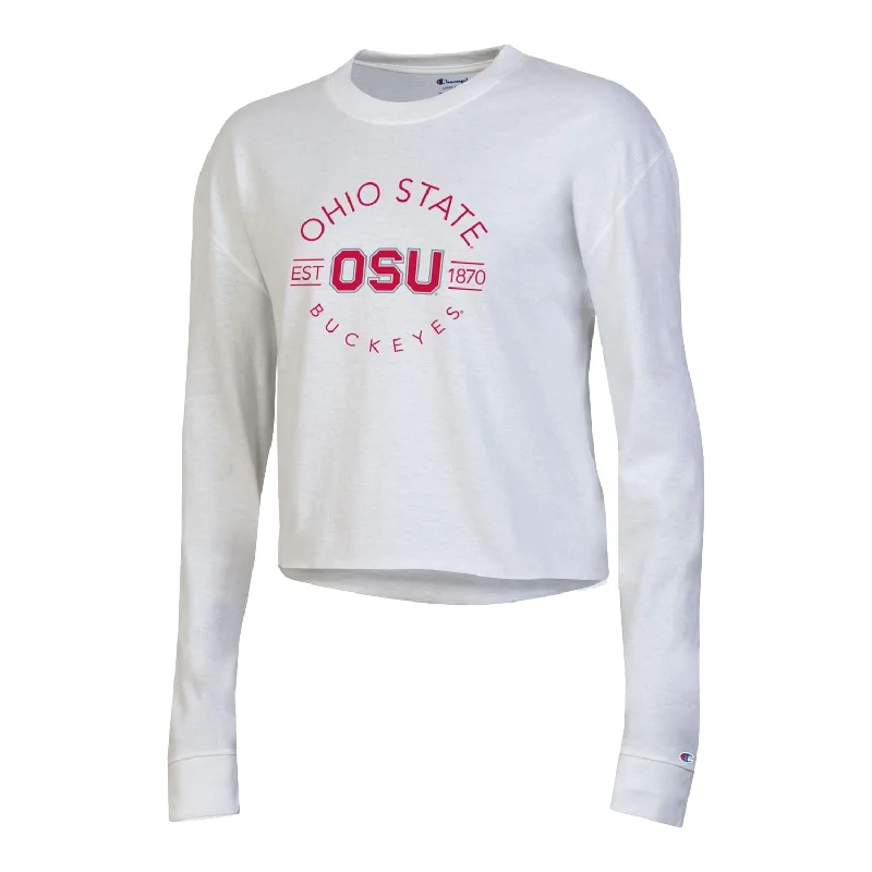 Ladies Ohio State Buckeyes Boyfriend Crop White Long Sleeve T-Shirt Rayon Velvet Corduroy