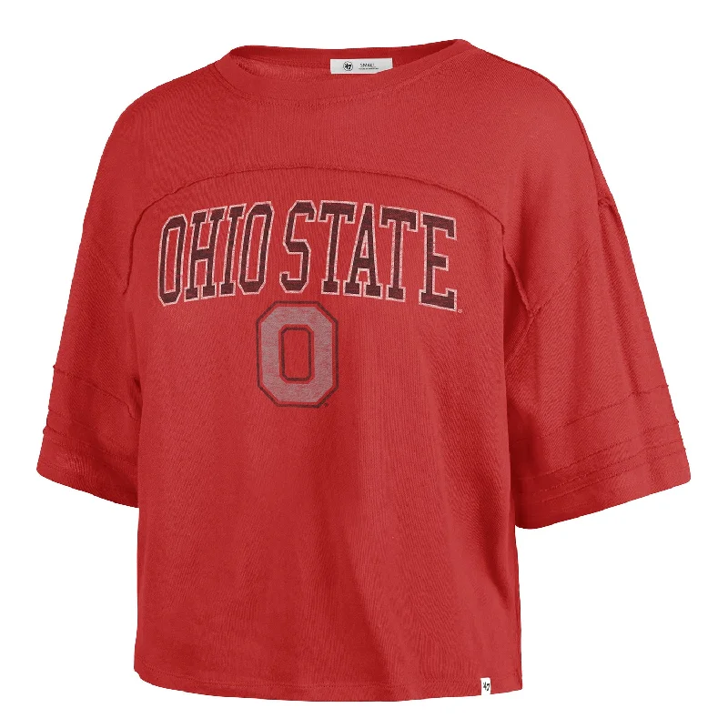 Ladies Ohio State Buckeyes Riser Stevie Scarlet Cropped T-Shirt Notch Collar Peter Pan Collar Cowl Neck