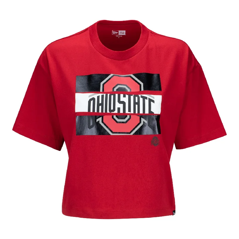 Ladies Ohio State Buckeyes Cropped Foil T-Shirt Rayon Fabric Velvet Fabric Corduroy Fabric