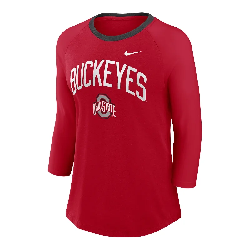 Ladies Ohio State Buckeyes Nike 3/4 Sleeve Scarlet T-Shirt Ribbed T-Shirt High Neck Heavyweight