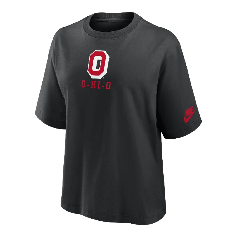 Ladies Ohio State Buckeyes Nike Retro Boxy Black T-Shirt Basic T-Shirt Crew Neck Short Sleeve