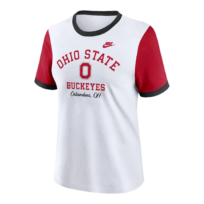 Ladies Ohio State Buckeyes Nike Retro Ringer White/Scarlet T-Shirt Striped Floral Plaid