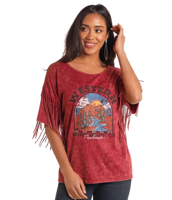 Panhandle Women's Fuchsia Western Spirit Desert Fringe Graphic Tee LW21T05155 Zippered Buttoned Snapped