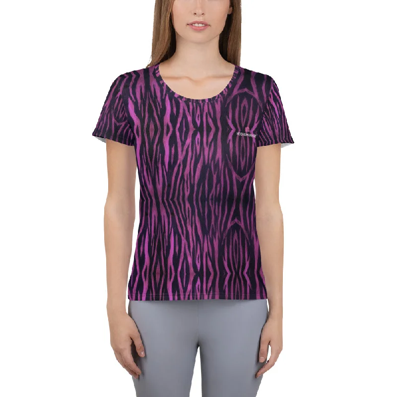 Purple Tiger Striped Tee, Tiger Stripes Best Animal Print Women's Athletic T-shirt - Made in USA/EU/MX Zippered Front Buttoned Front Snap Front