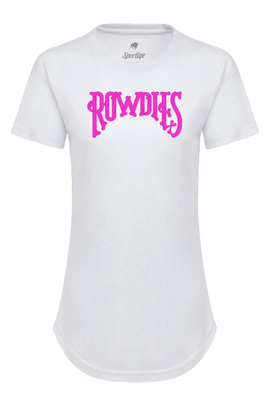 Rowdies Women's Sportiqe White Neon Pink T-Shirt Spandex Blend Rayon Blend Denim Blend